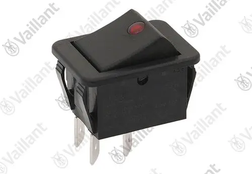 Vaillant Schalter in schwarzer Ausführung mit roter Betätigungstaste und mehreren Anschluss-Pins zur elektrischen Verbindung.